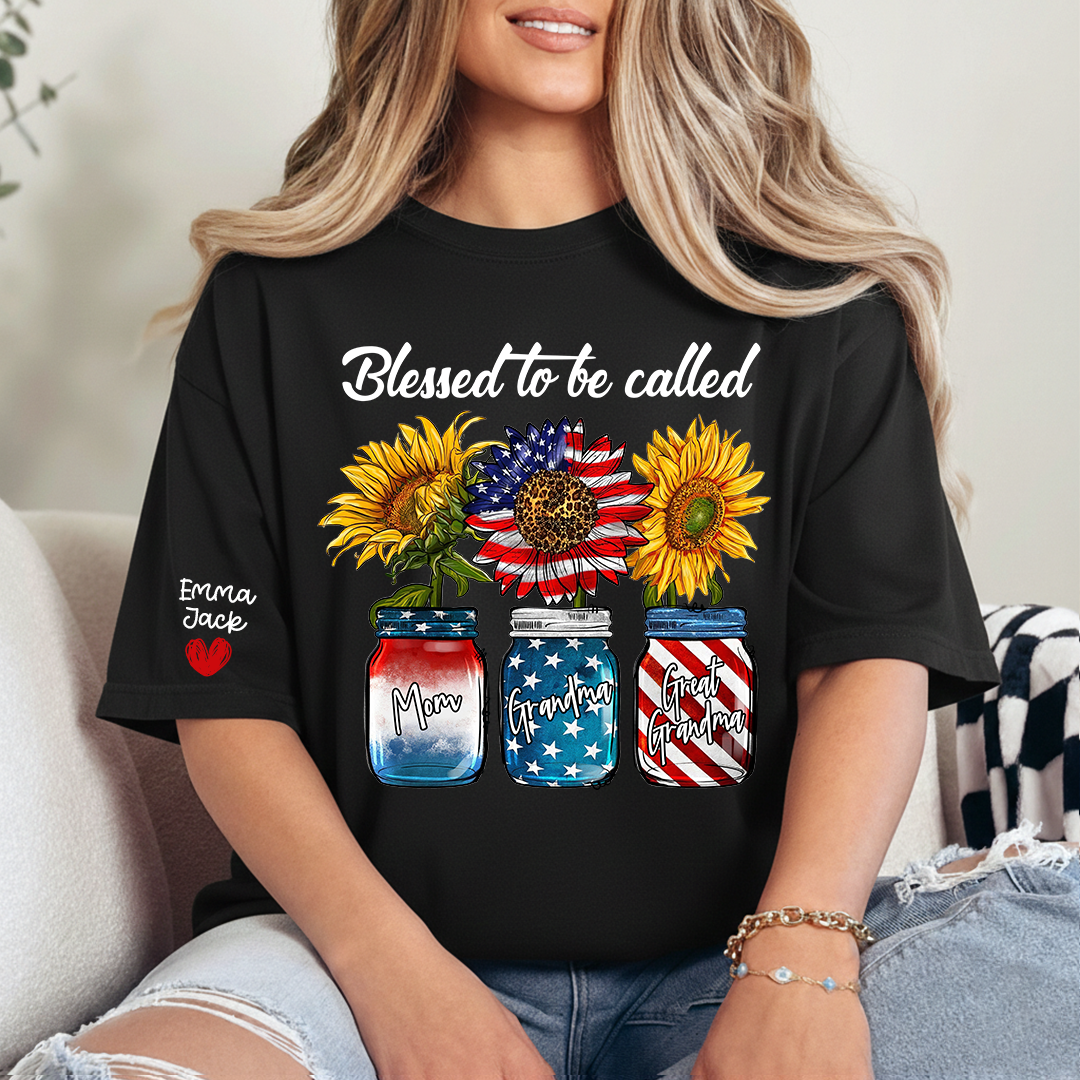 Blessed to be Called Nana Shirt, Custom Family T-Shirt with Sunflower and Flag Design, Give Family