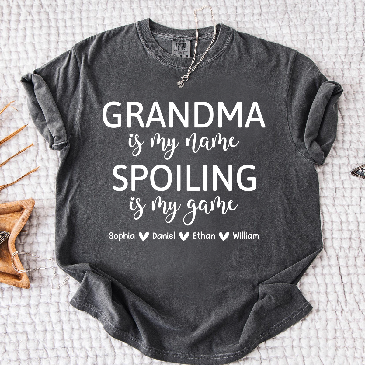 Comfort Colors Custom Grandma T Shirt with Kids Names Grandma is My Name Spoiling is My Game Personalized Family Shirt