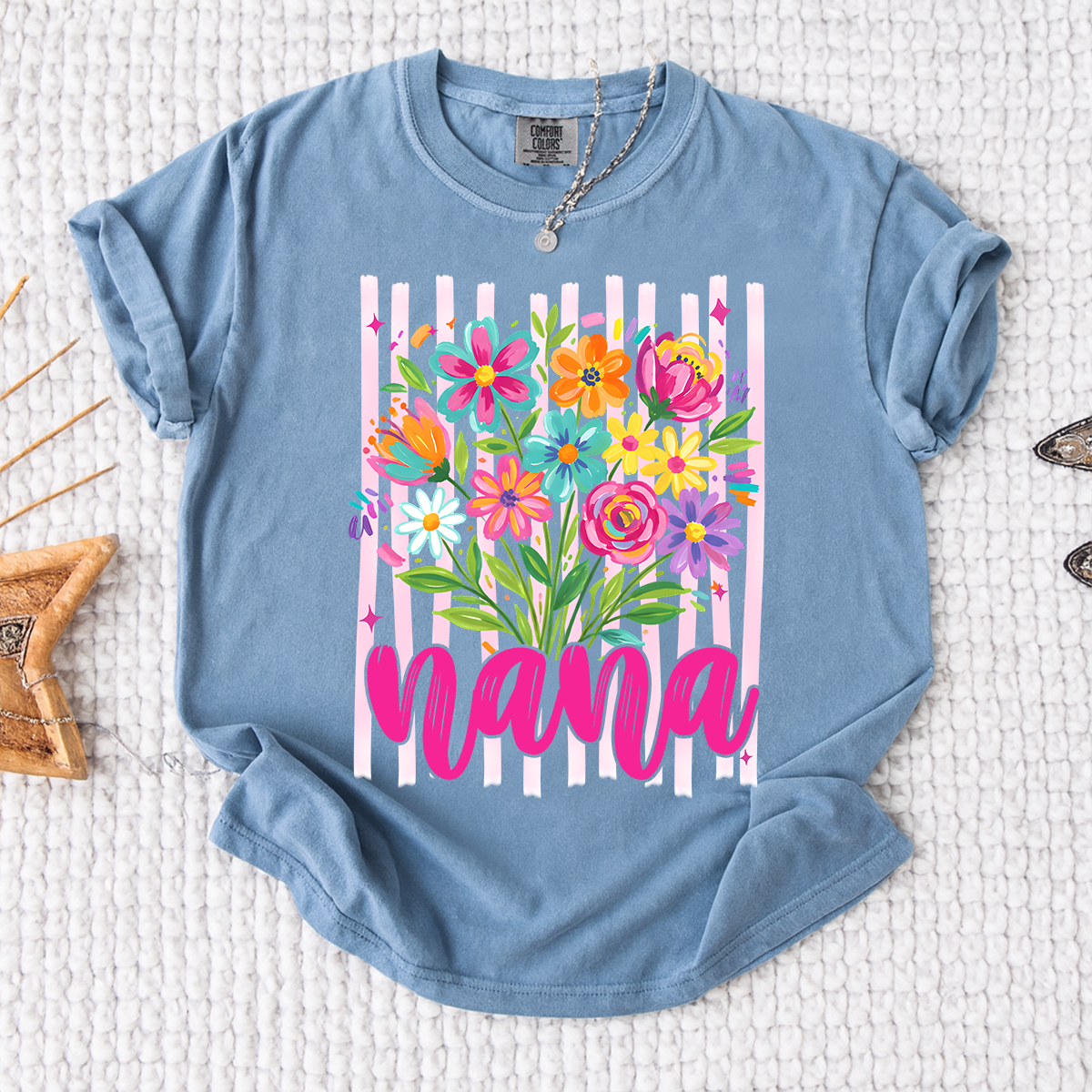 Comfort Colors® Custom Striped Wildflowers Nana Shirt, Trendy Ditsy Floral Gift for Grandma And Kids