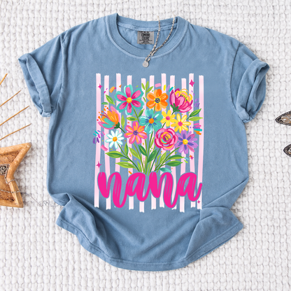 Comfort Colors® Custom Striped Wildflowers Nana Shirt, Trendy Ditsy Floral Gift for Grandma And Kids