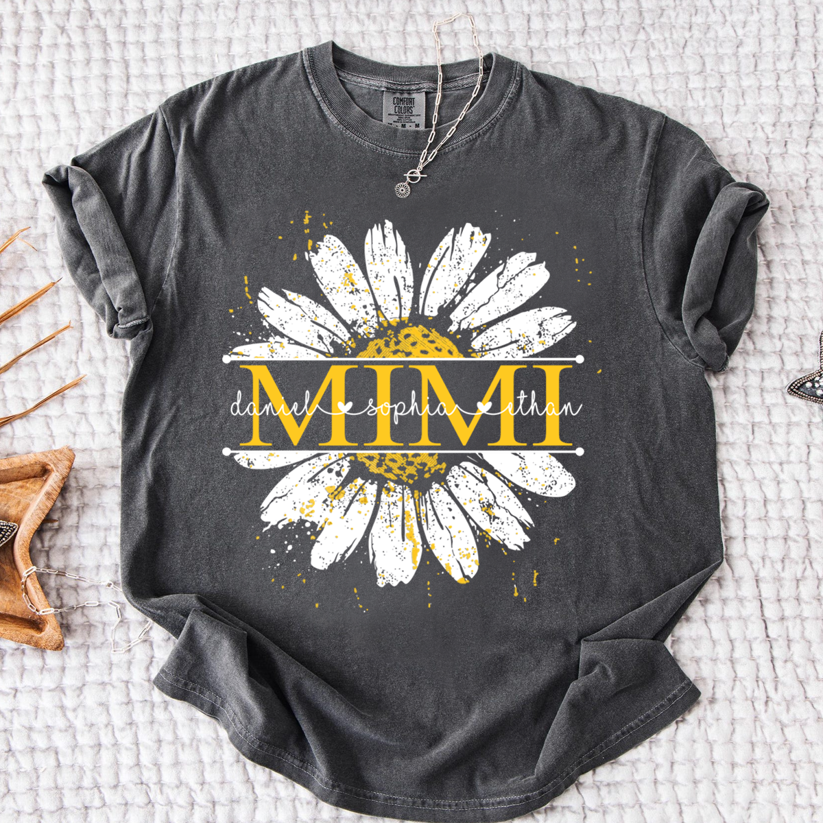 Comfort Personalized Mimi Shirt with Grandkids Names, Daisy Flower Graphic Family T Shirt