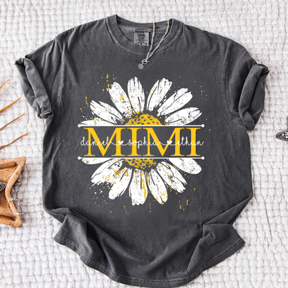 Comfort Personalized Mimi Shirt with Grandkids Names, Daisy Flower Graphic Family T Shirt