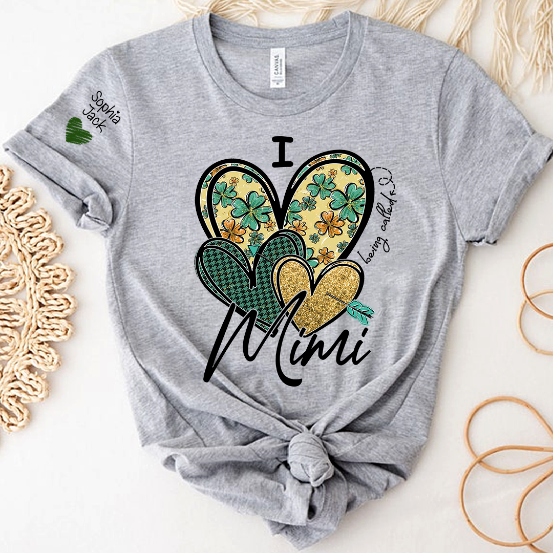 I Love to Be Called Mimi Heart Design T-shirt For St. Patrick's Day, Personalized Clover Design T-shirt for Grandma with Grandchildren's Names
