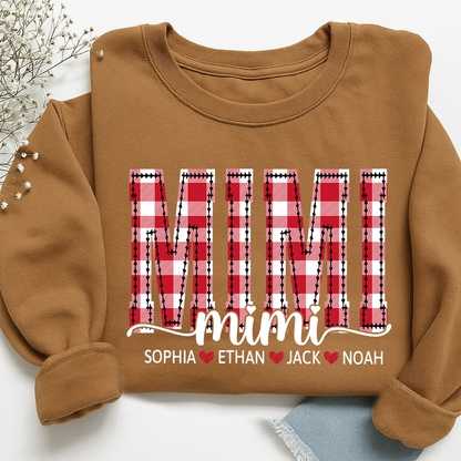 Custom Mimi Sweatshirt, Plaid Christmas Grandma Shirt with Kids Names