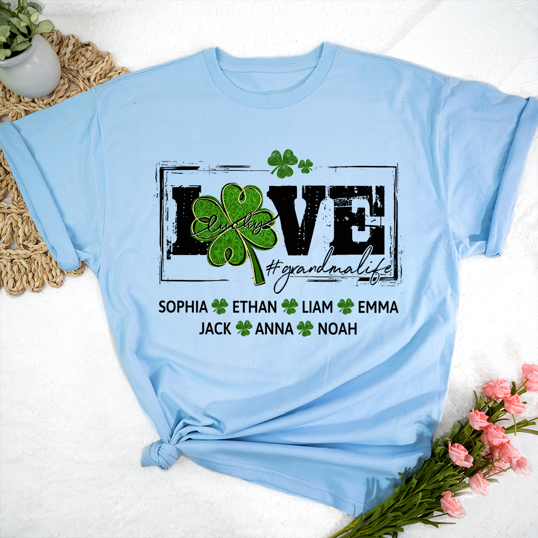 Grandma St Patrick’s Day Shirt, LOVE Shamrock Grandmalife Personalized Family T Shirt