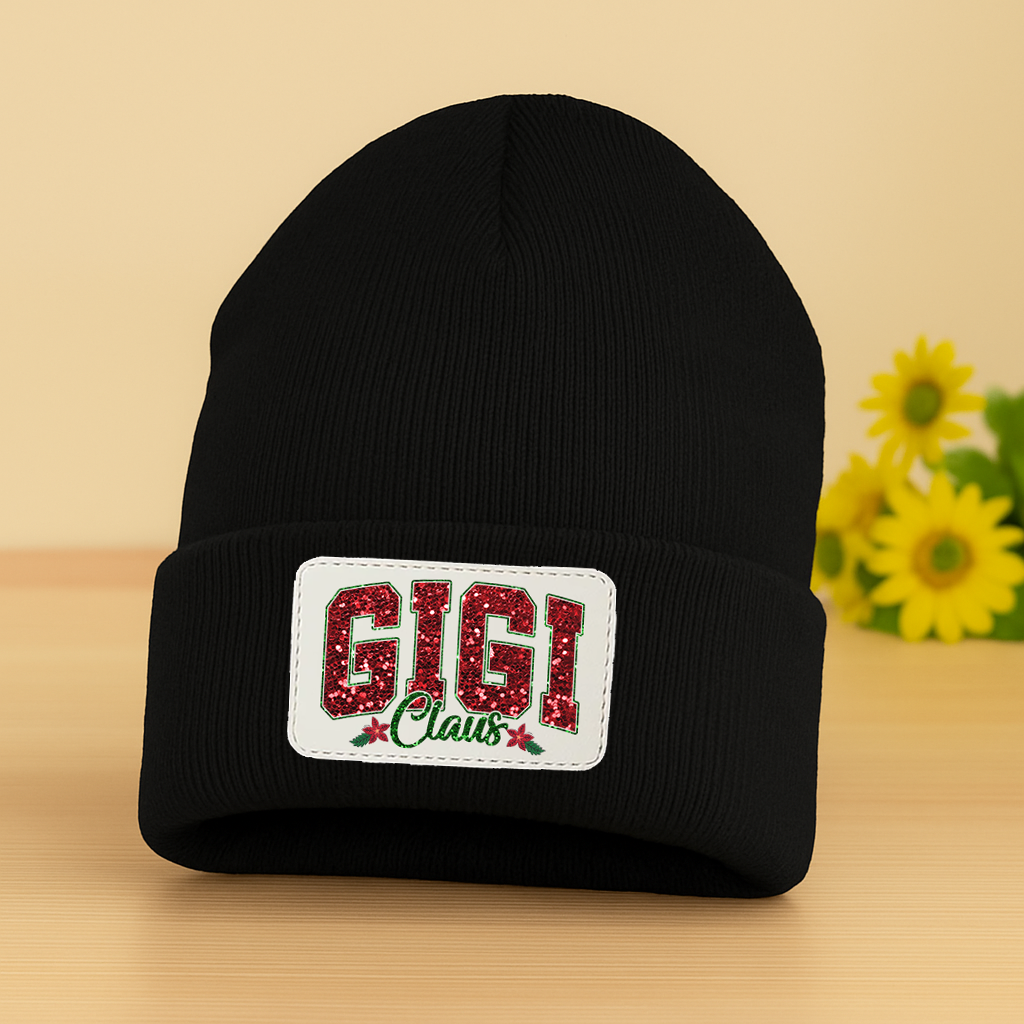 Personalized Gigi Claus Christmas Beanie, Custom Name Patch Knit Hat for Grandma, Holiday Gift for Gigi, Embroidered Winter Hat