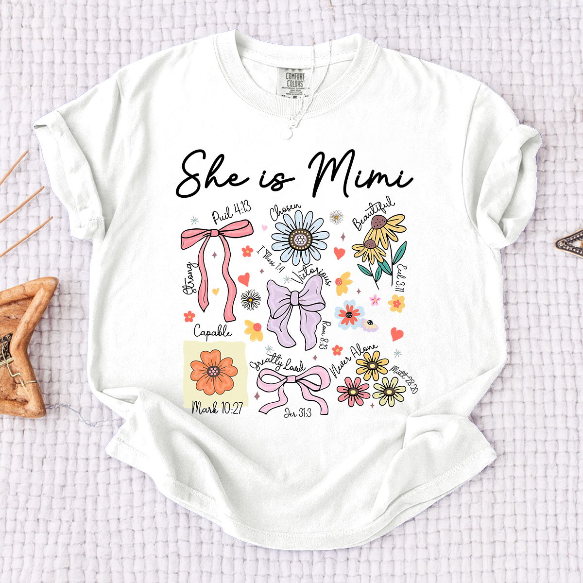 Comfort Colors Personalized Mimi Shirt She Is Mimi Quote with Floral Timeline Family Tee