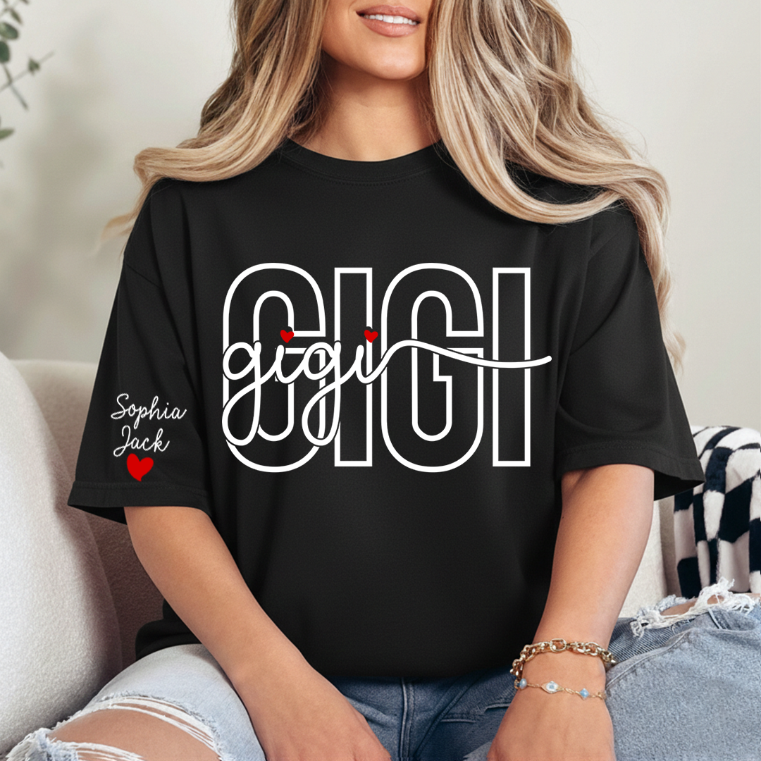 Custom Gigi Shirt for Women, Personalized Grandkids Names Tee, Grandma Family Shirt, Heart Name Graphic Gift for Gigi Lovers