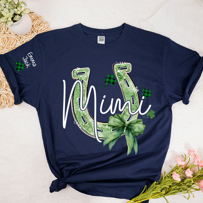 Mimi St Patrick’s Day Shirt, Lucky Horseshoe Shamrock Family T Shirt, With Grandma And Kids Names