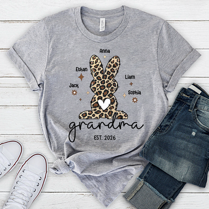 Personalized Grandma Easter Bunny Leopard Print T-shirt, Custom Grandma And Kids
