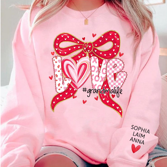 Custom Grandma Life Love Sweatshirt, Heart Bow Valentine Gift