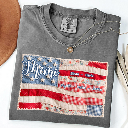 Comfort Colors Personalized Mimi Shirt with Family Names, Custom American Flag Design, Ideal Gift for Grandmother