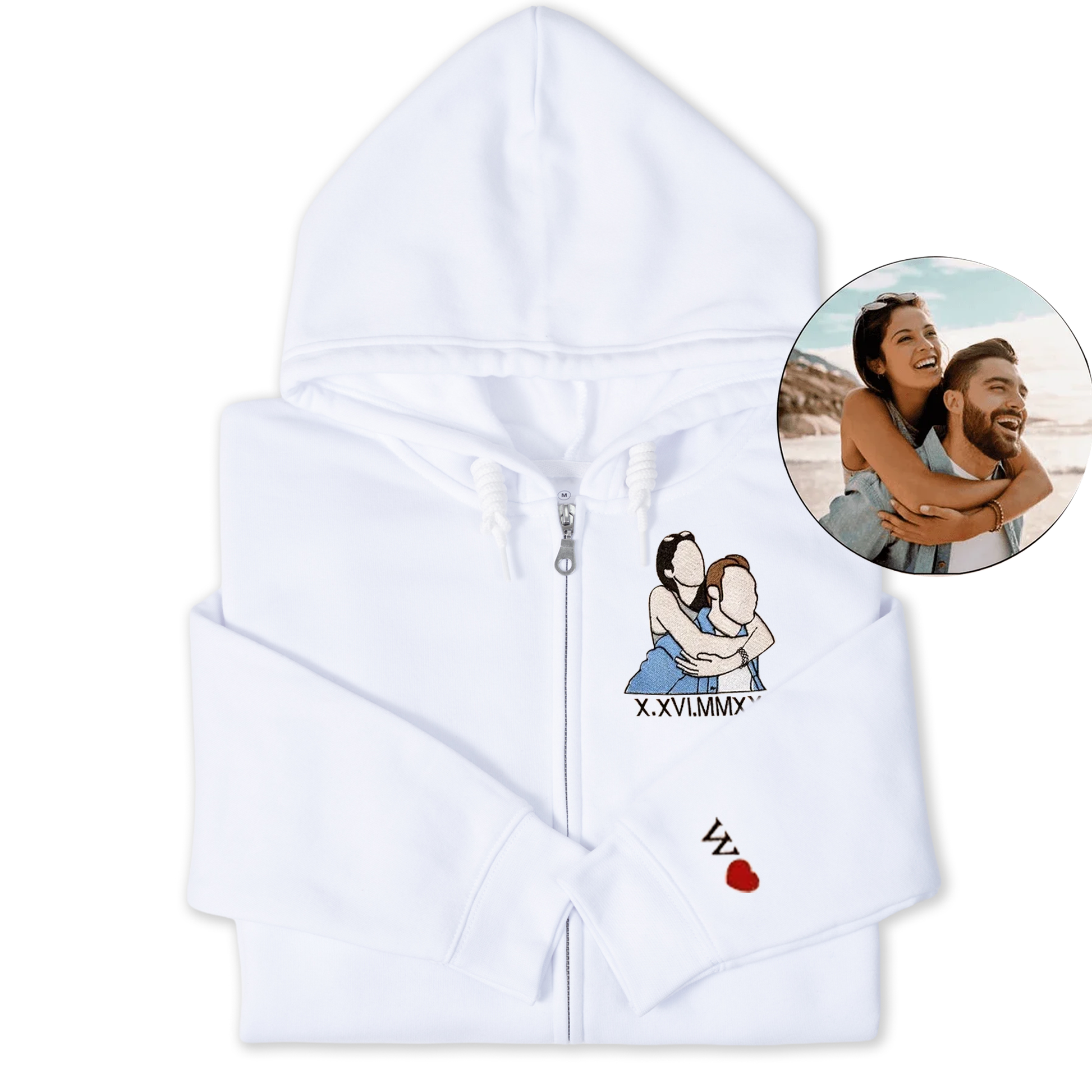 Personalized Embroidered Zip Hoodie, Custom Portrait Couple Embroidered Zip Hoodie
