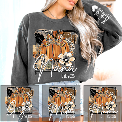 Mimi Fall Pumpkin Bow T Shirt, Personalized Grandma Tee, Autumn Floral Graphic Shirt, Gift for Mimi Lovers and Family