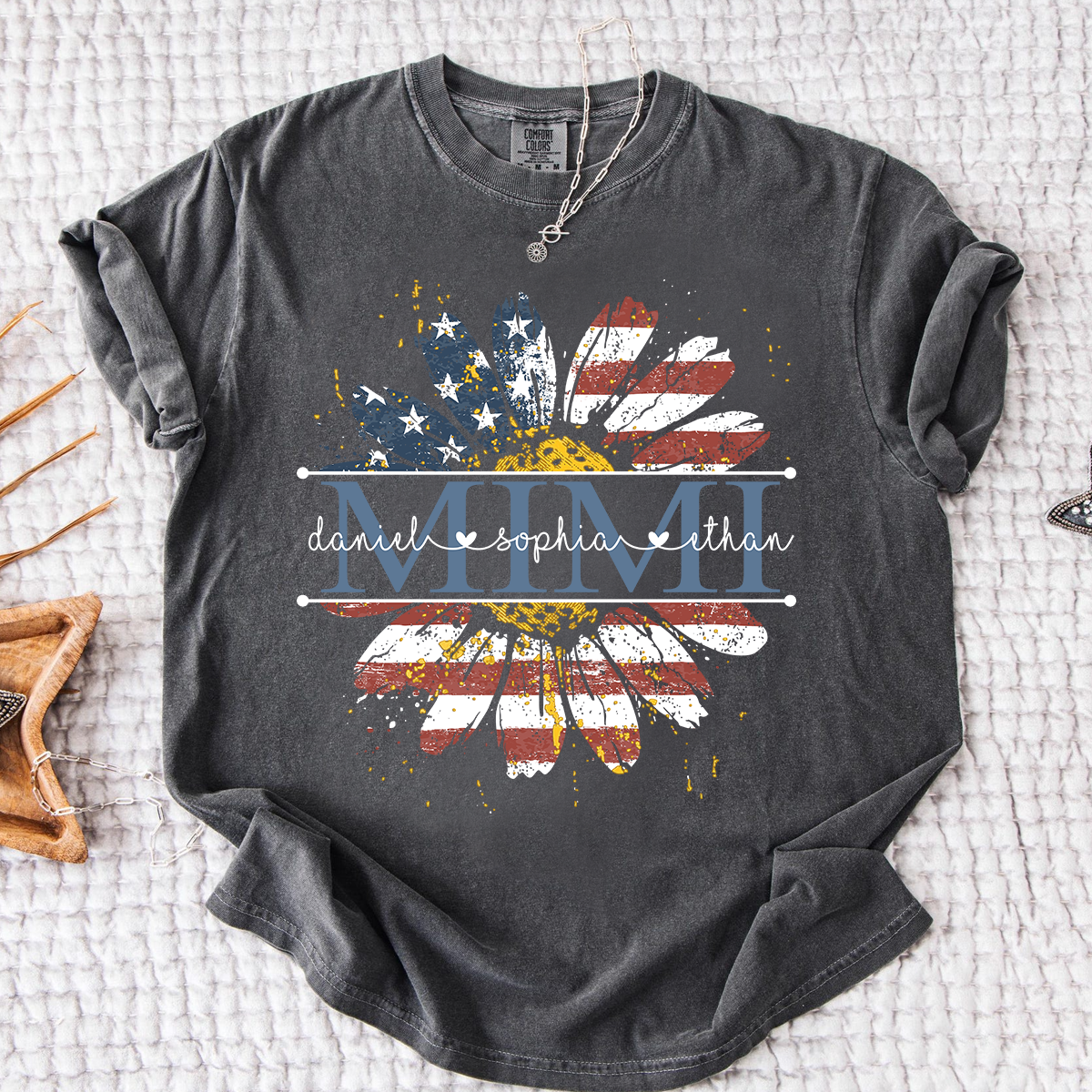 Comfort Mimi Daisy Shirt With American Flag Print, Custom Name, Floral Design, Personalized Family t-shirt