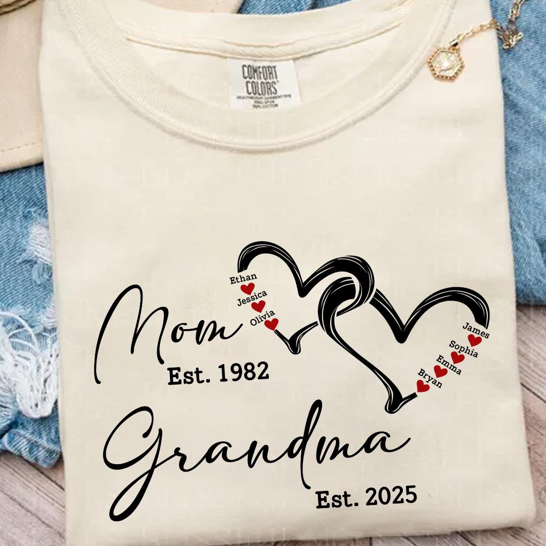Custom Comfort Colors® Mom Est Grandma Est Hearts Kids Name