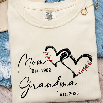 Custom Comfort Colors® Mom Est Grandma Est Hearts Kids Name