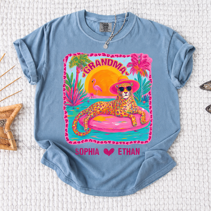 Comfort Colors® Custom Grandma Preppy Summer Gift Shirt, Gift For Grandma And Kids, Girly Beach Tee Retro Leopard Shirt Design Cute Summer Colorful Summe