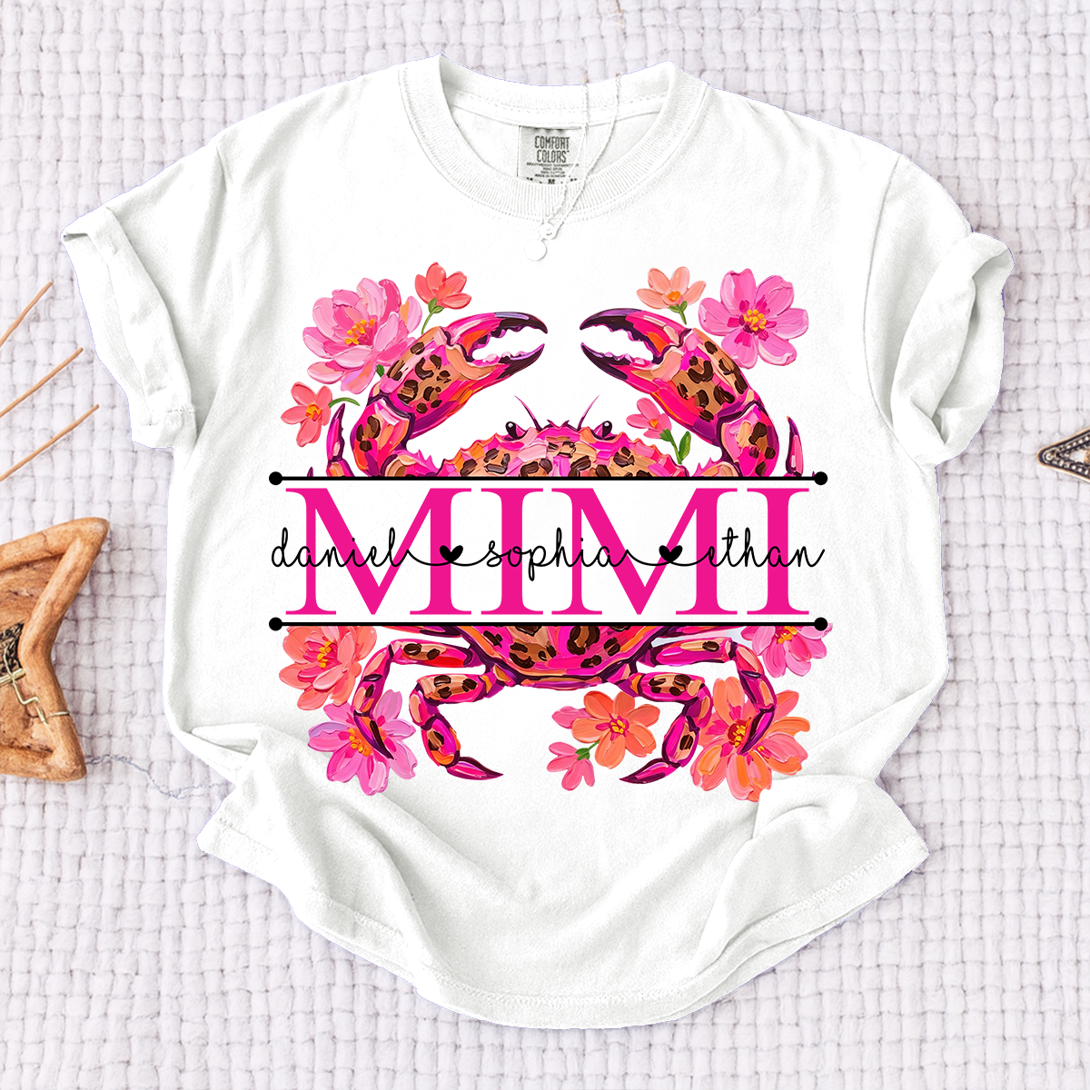 Comfort Colors® Personalized Mimi Crab Shirt with Grandkids Names, Custom Grandma Tee, Floral Leopard Beach Design T Shirt for Mimi Gift