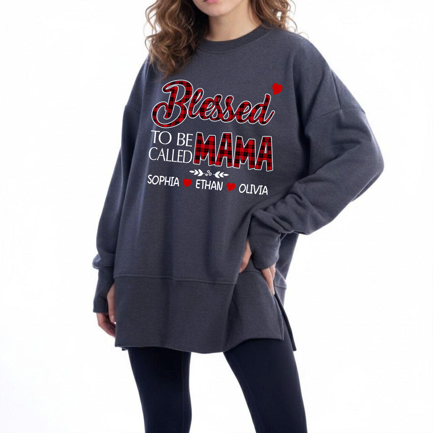 Blessed To Be Called Mama Sweatshirt – Personalized Oversized Pullover with Kids’ Names, Cozy Thumbhole Long Sleeve for Moms