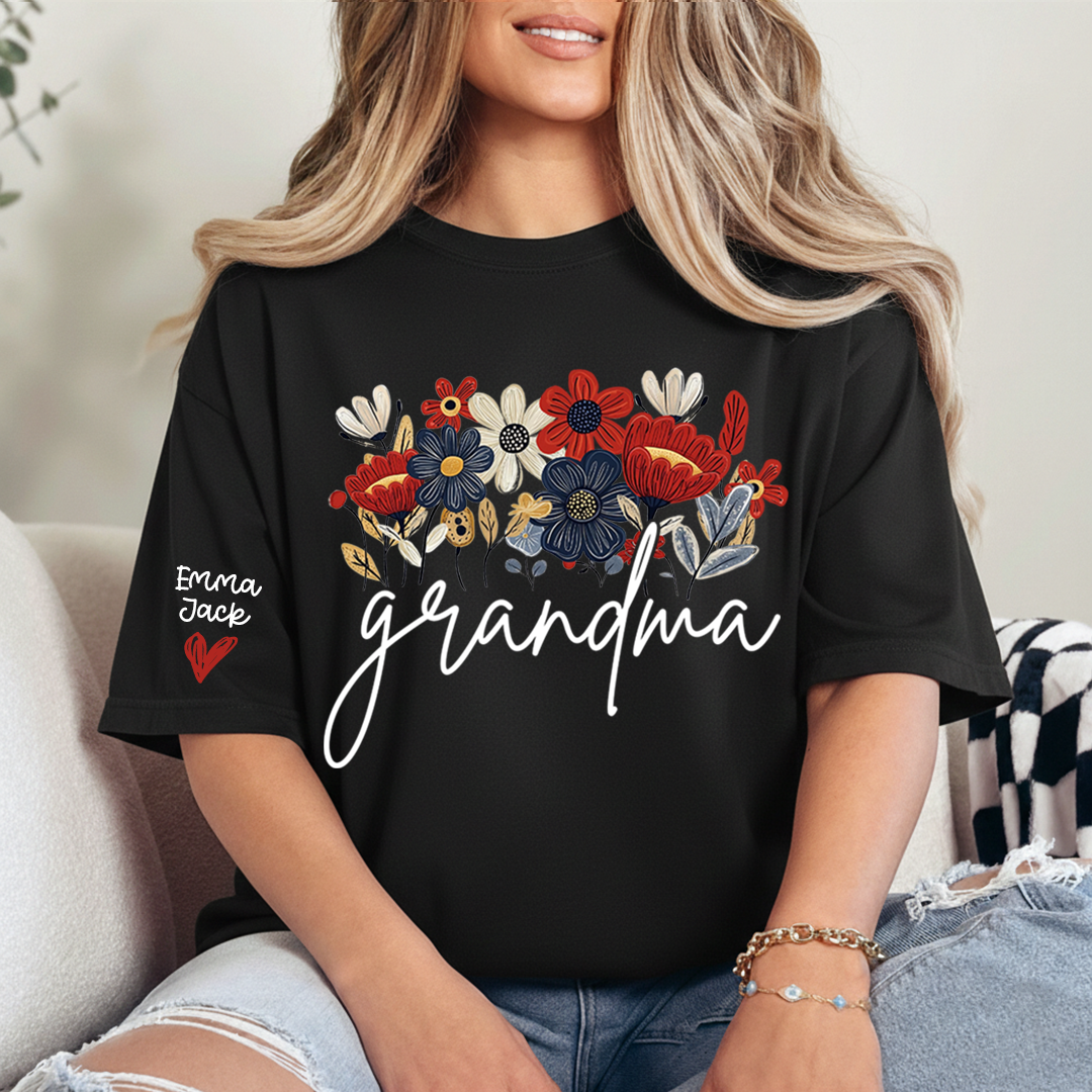 Personalized Grandma Floral Shirt with Custom Grandkids Names, Colorful Flower Design