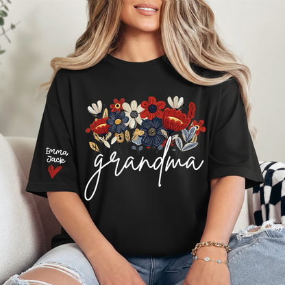 Personalized Grandma Floral Shirt with Custom Grandkids Names, Colorful Flower Design