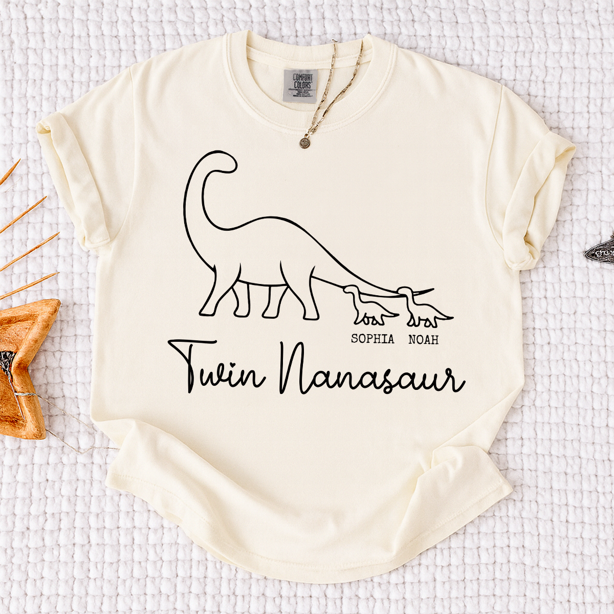 Comfort Colors® Twin Nanasaur Shirt, Personalized Dinosaur Grandma Tee, Custom Grandkids Names T Shirt, Fun Dino Grandma Gift