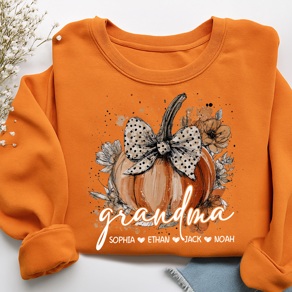 Custom Grandma Pumpkin Shirt, Cozy Autumn Sweatshirt with Kids Names
