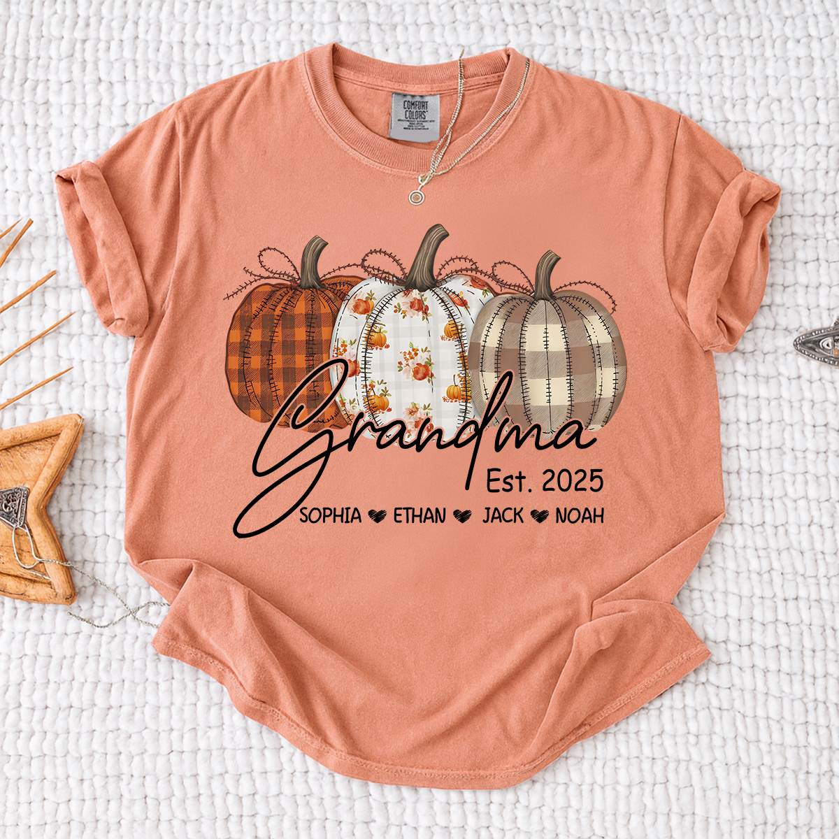 Comfort Colors® Personalized Grandma Pumpkin Tee, Custom Fall Shirt with Grandkids Names