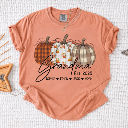 Comfort Colors® Personalized Grandma Pumpkin Tee, Custom Fall Shirt with Grandkids Names