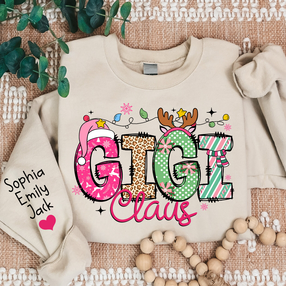 Personalized Grandma Sweatshirt, Merry Christmas Design with Grandchild's Name on Sleeve