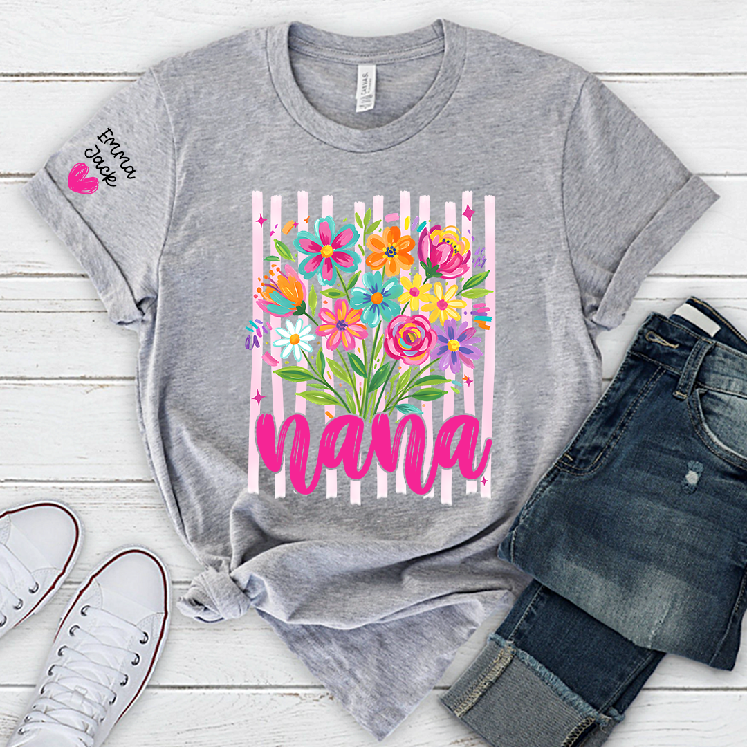 Custom Striped Wildflowers Nana T-Shirt, Trendy Ditsy Floral Gift for Grandma And Kids