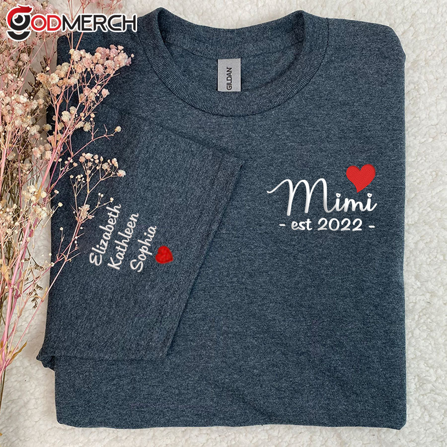 Embroidered Mimi Est, Grandma with Grandkids Embroidered T-shirt
