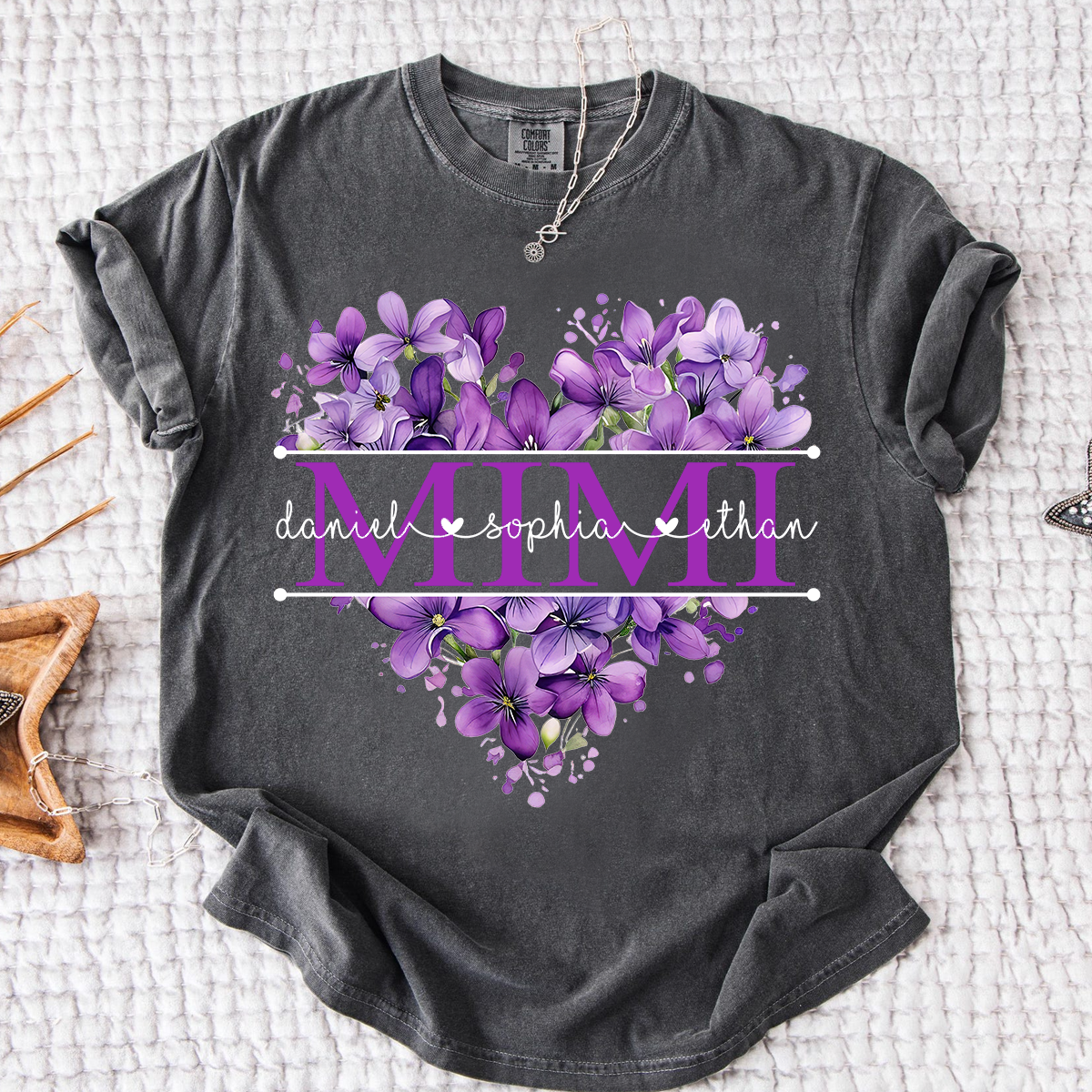Comfort Colors Purple Floral Heart Mimi Shirt, Personalized Family Names and Violet Flower Design T Shirt