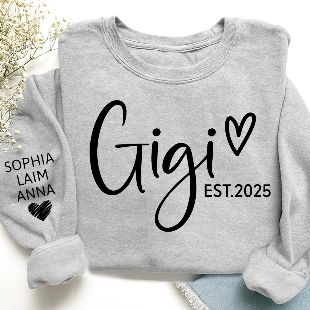 Personalized Gigi Est Heart Sweater, Gift for Grandma and Kids, Unique Gift for Grandma and Family