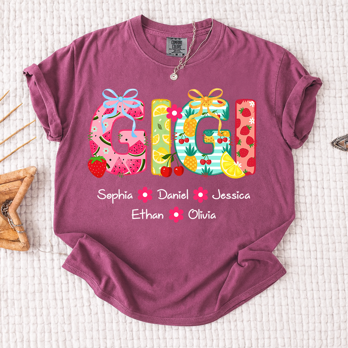 Comfort Colors Personalized Gigi Summer Shirt, Custom Grandma T Shirt with Grandkids Names, Fruit Pattern Family Tee for Gigi Nana Mimi