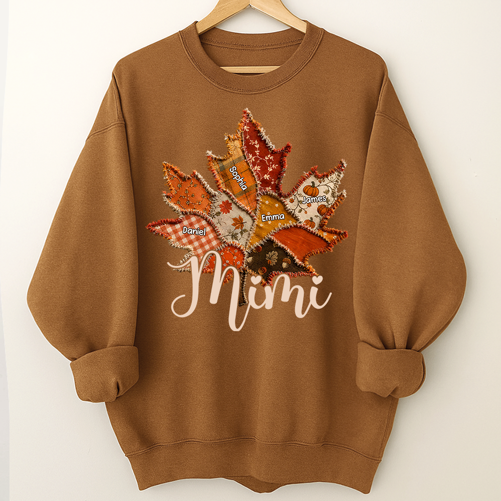 Personalized Mimi Fall Sweatshirt, Custom Grandkids Names Leaf Patchwork Sweatshirt, Autumn Grandma Gift, Cozy Thanksgiving Outfit