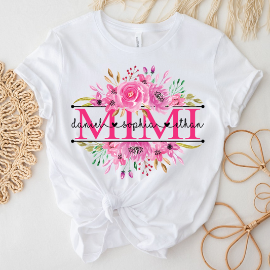 Custom Mimi T Shirt, Grandkids Names with Floral Rose Design Family Gift