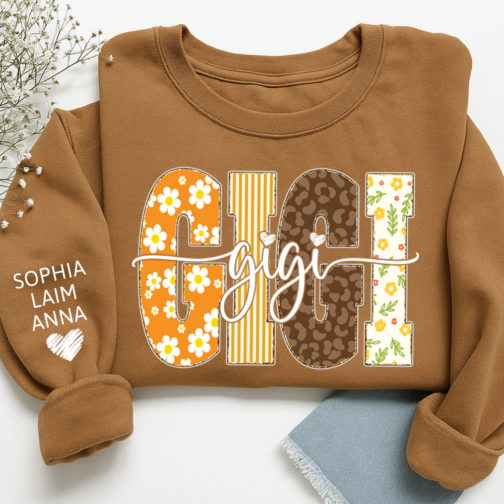 Gigi Fall Grandma Sweatshirt – Custom Name Sleeve and Retro Plaid Floral Letter Design