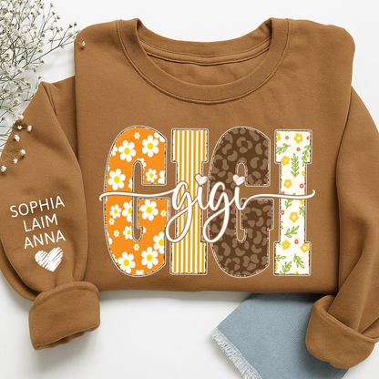 Gigi Fall Grandma Sweatshirt – Custom Name Sleeve and Retro Plaid Floral Letter Design