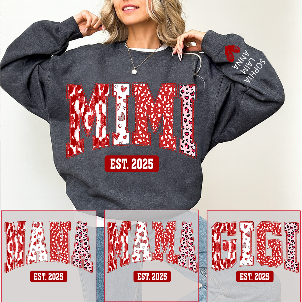 Custom Mimi Sweatshirt, Valentine Heart Pattern Pullover with Names