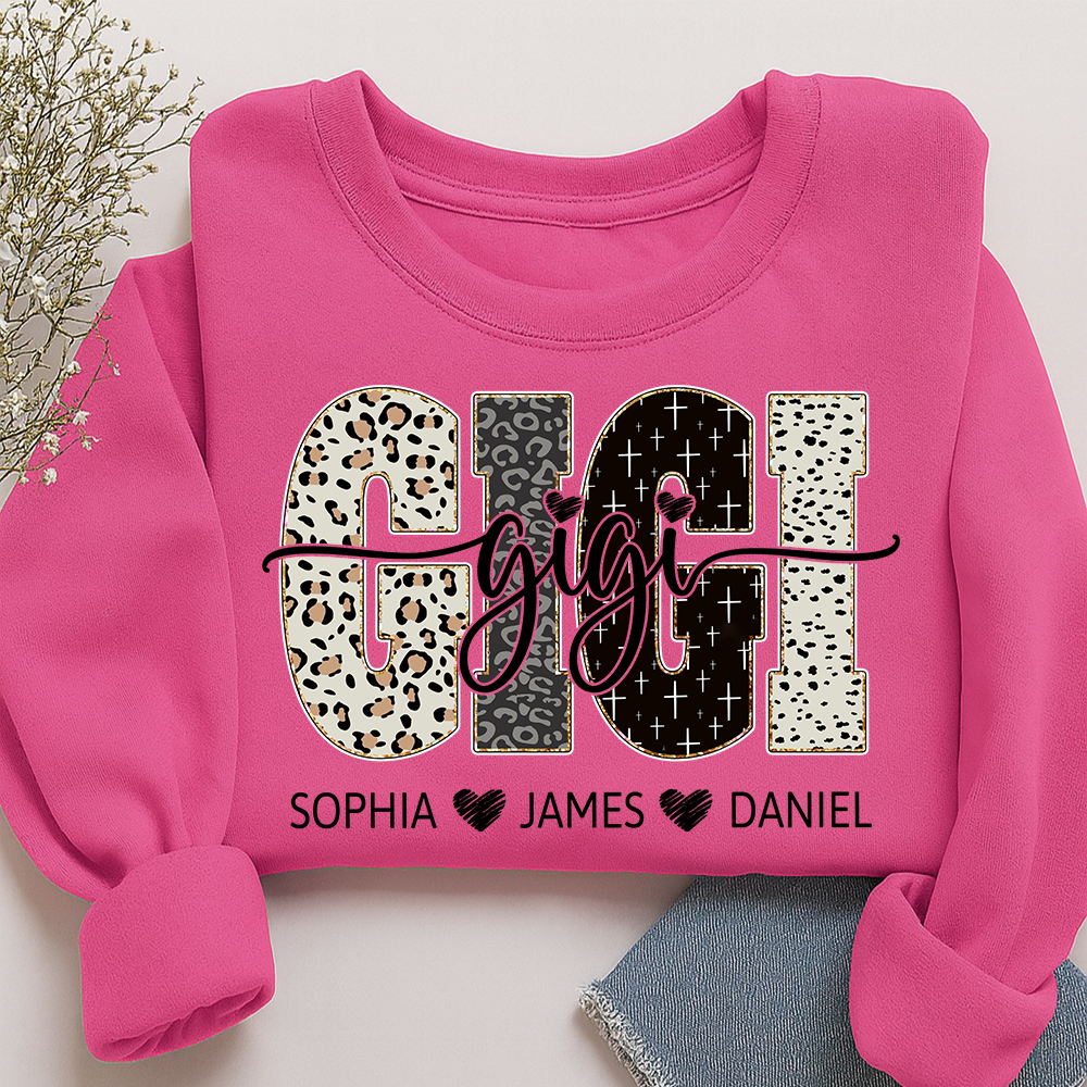 Personalized GiGi Sweatshirt With Grandkids Names, Custom Leopard Print Grandma Pullover