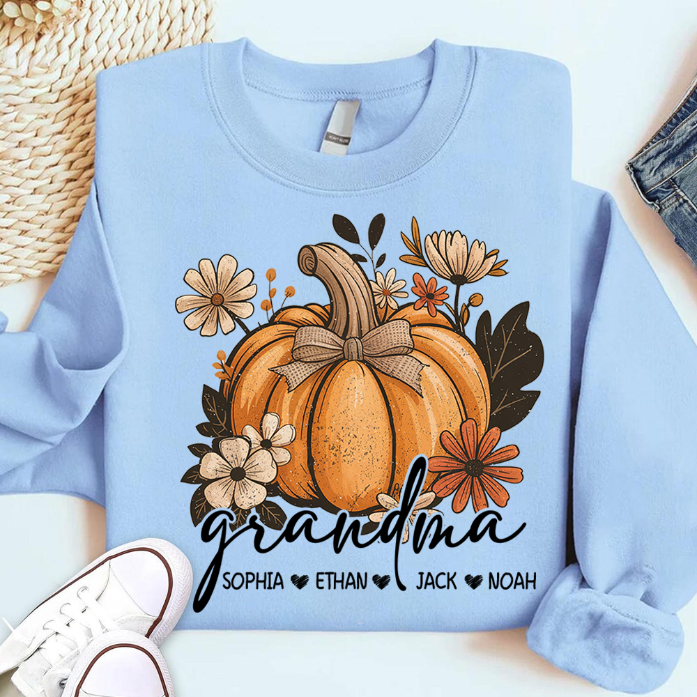 Personalized Grandma Pumpkin Sweatshirt, Custom Fall Shirt with Grandkids Names