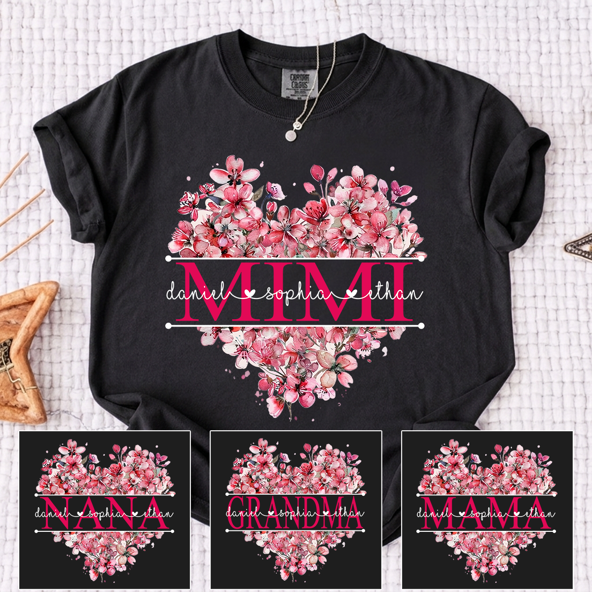 Comfort Colors Floral Heart Grandma Shirt, Custom Family Names and Heart Floral Design T Shirt