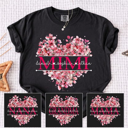 Comfort Colors Floral Heart Grandma Shirt, Custom Family Names and Heart Floral Design T Shirt