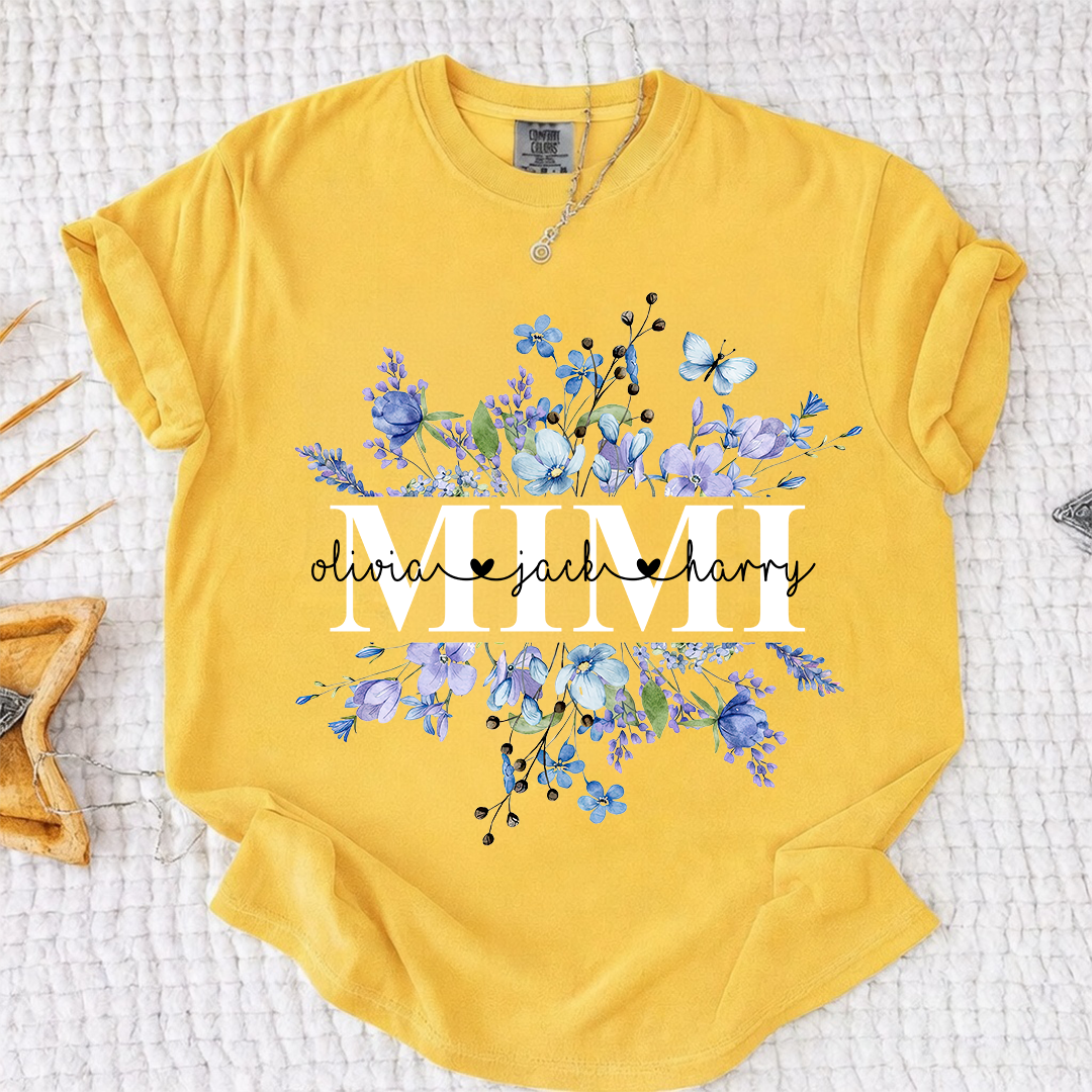 Comfort Colors Personalized Mimi Shirt Blue Wildflower Design Custom Grandma Nana Gigi Name Tee with Grandkids Names Elegant Family Outfit for Women