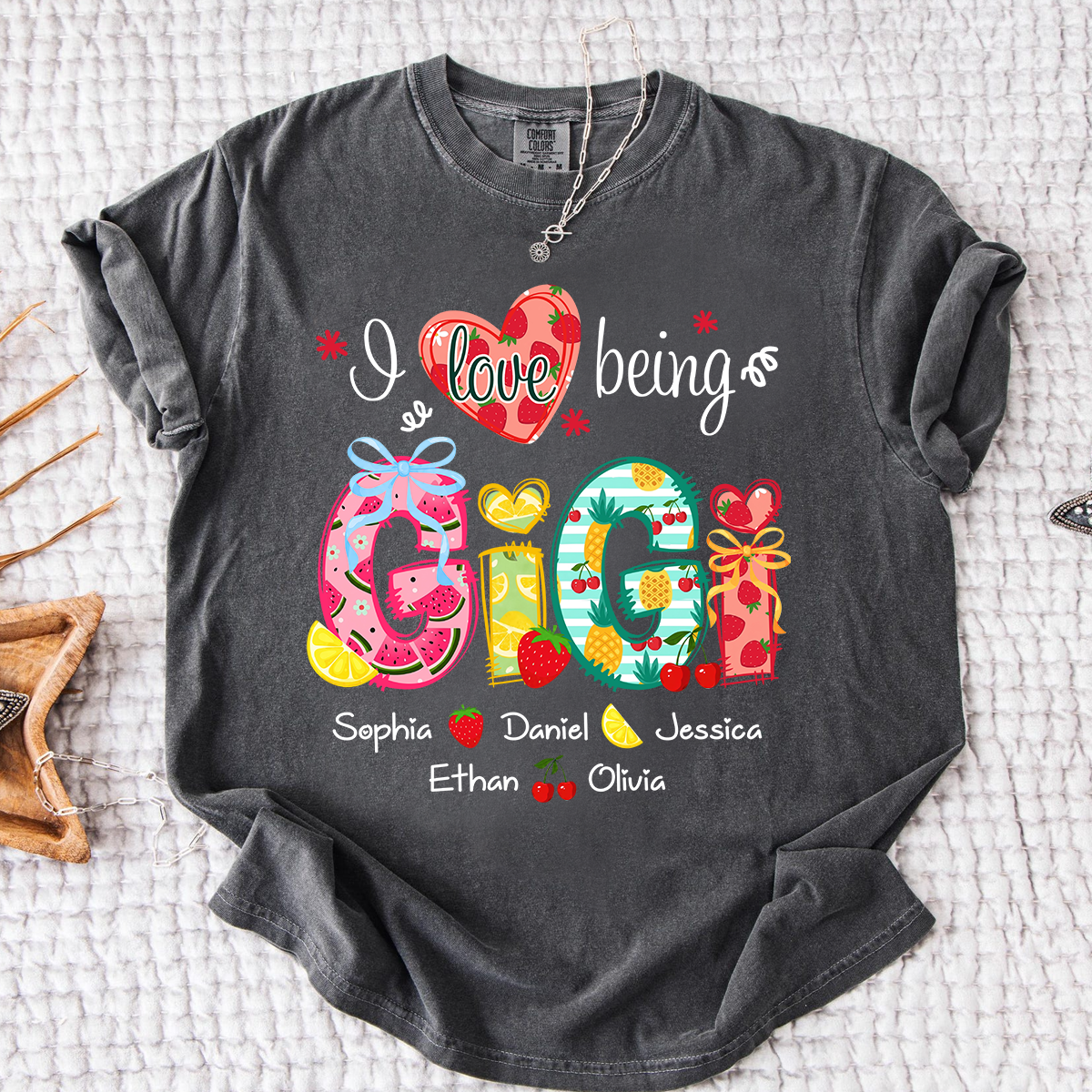 Comfort Colors I Love Being Gigi Shirt with Names, Personalized Fruit Pattern T-Shirt for Grandma, Summer Family Apparel