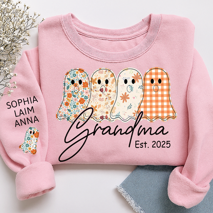 Personalized Fall Ghost sweatshirt, Custom Kids name on sleeve, For Gift Grandma