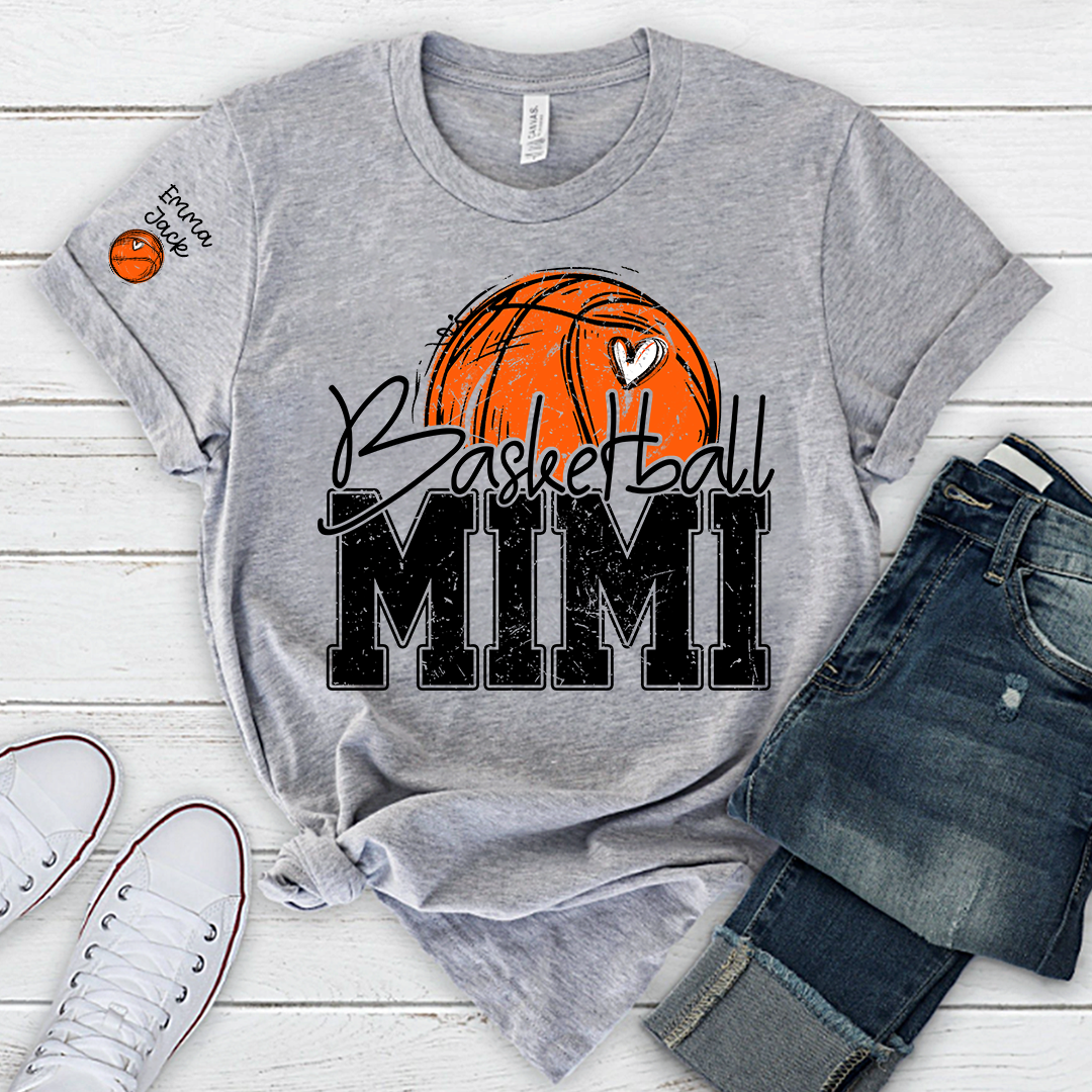 Custom Basketball Mimi Shirt with Heart and Ball Graphic, Personalized Family Names