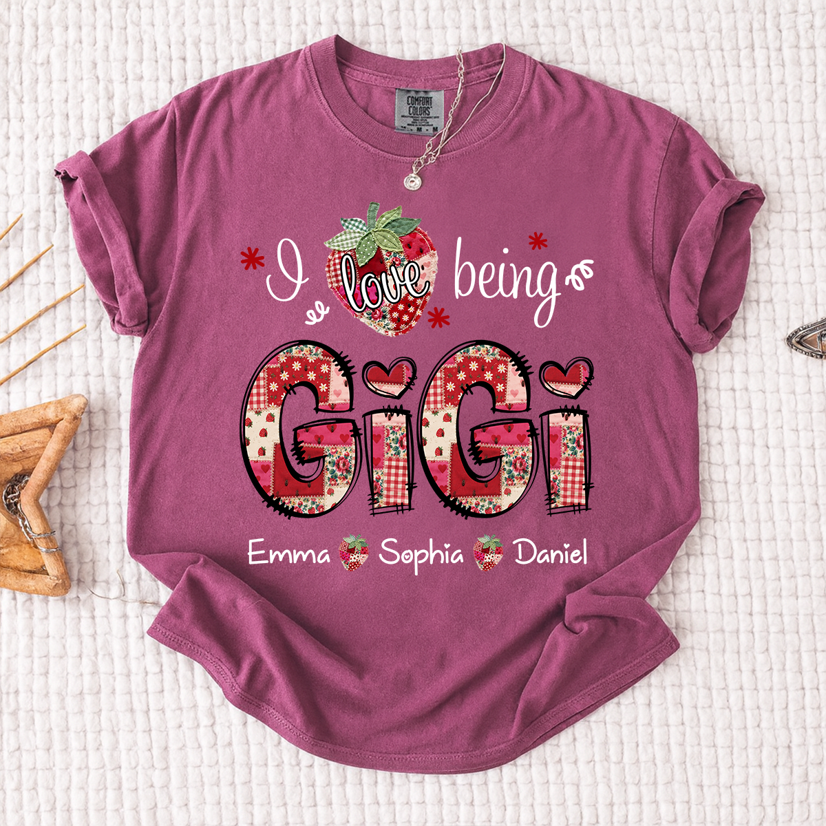 Comfort Colors Personalized I Love Being Gigi Shirt, Custom Grandma Strawberry Patchwork Tee with Names, Gift for Grandma